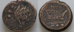 Ancient Coins - Anonymous. Circa 215-212 BC. Æ Quadrans (26mm, 16.82 g, 9h). Rome mint. Head of Hercules right, wearing lion skin; ••• (mark of value) behind / Prow of galley right; ••• Roma