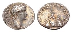 Ancient Coins - Tiberius AR 18mm 3,46g Drachm of Caesarea, Cappadocia. Circa AD 17-32.Mount Argaeus surmounted by nude male statue, holding globe and sceptre