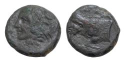 Ancient Coins - SICILY, Agyrion. Circa 420-405 BC. Æ Tetras (14mm, 3,1g, ). Head of Herakles left, wearing lion skin / Forepart of man-headed bull left;