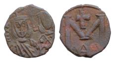 Ancient Coins - Michael II, 820-829 AD. AE 18mm Follis (3,6gm) of Syracuse. Crowned facing busts of Michael and Theophilos / Large M. S.1652. VF