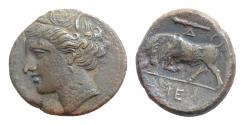 Ancient Coins - Syracuse circa 275-216, Æ 18,5 mm, 5.1g. Head of Kore-Persephone l., wearing wreath of grain ears, single-pendant earring and pearl necklace; behind, poppy head.  Bull b