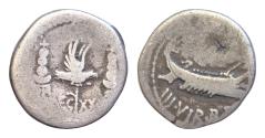 Ancient Coins - Marc Antony 32-31 BC AR Denarius 17mm 3,43g Military mint moving with Marc Antony. ANT AVG III VIR R P C, galley right with filleted sceptre on the prow. Rev. LEG XX, aquila