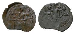 Ancient Coins - ANDRONICUS III, Palaeologus. 1328-1341. Æ20mmAssarion 1,2gm Thessalonica mint. Nimbate St. Demetrius seated facing, holding sword / Andronicus standing facing holding lis and cross