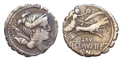 Ancient Coins - Ti. Claudius Ti.f. Ap.n. Nero, AR 18mm 3,53g denarius serratus, Rome Mint, 79 BC. Diademed and draped bust of Diana right with quiver and bow on the shoulder, before S.C. Biga driv