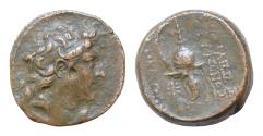 Ancient Coins - SELEUKID KINGS of SYRIA. Tryphon. Circa 142-138 BC. Æ 17,5mm, 4,7g, Antioch mint. Diademed head right / Spiked Macedonian helmet adorned with wild goat horns  Good Very Fine