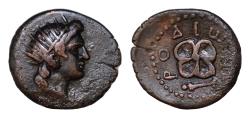 Ancient Coins - ISLANDS off CARIA, Rhodos. Rhodes. Early 1st century AD. Æ (18mm, 3,5g). Radiate head of Helios right / Rose seen from above . Good very Fine