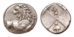 Ancient Coins - THRACE, Chersonesos. Circa 386-338 BC. AR Hemidrachm (13mm, 2.45 g). Forepart of lion right, pellet-and-kuathos (sickle)