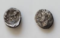 Ancient Coins - Sicily, Panormos (as Ziz) AR Litra. Punic Occupation, circa 400-380 BC. Horned head of river god left / Forepart of man-headed bull right