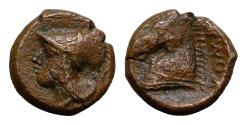 Ancient Coins - Anonymous. ca. 260 B.C. AE half unit (17 mm, 4.31 g). Neapolis mint. [ROMANO], Helmeted head of Minerva left / [ROMANO], bridled horses head left.