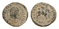 Ancient Coins - Theodosius I Æ 15mm.2,1g  Antioch, 392-395 AD. D N THEODO[SIVS] P F AVG, diademed, draped, cuirassed bust to right / GLORIA ROMANORVM, emperor, in military dress, on horseback