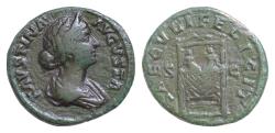 Ancient Coins - Faustina II daughter of Antoninus Pius and wife of Marcus Aurelius As 161-176 Æ17mm AS 12g FAVSTINA – AVGVSTA SAECVLI FELICIT Pulvinar on which are seated Commodus and Antoninus
