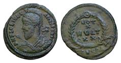 Ancient Coins - Julian II Apostata (360-363 AD). Constantinople AE Follis (20mm 2.6g) Pearl-diademed, cuirassed and helmeted bust of Julian II to left, holding spear in his right hand and shield