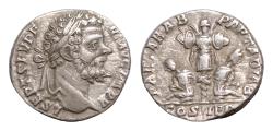 Ancient Coins - Septimius Severus. A.D. 193-211. AR denarius (18 mm, 3.3g,). Laodicea, A.D. 198. two bound captives seated back to back beneath trophy