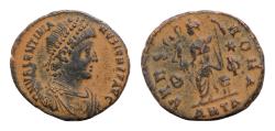 Ancient Coins - Valentinian II AD 375-392. Antioch Follis Æ 17mm., 2,4g. D N VALENTINIANVS IVN P F AVG, pearl-diademed, draped and cuirassed bust right / VRBS ROMA, Roma seated left on cuirass,