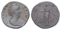 Ancient Coins - Diva Faustina Senior Æ 30mm 24,5g Sestertius. Lyon, AD 141. DIVA FAVSTINA, draped bust right / AVGVSTA, Vesta standing left, holding palladium and sceptre; S-C across fields