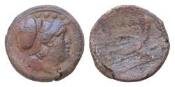 Ancient Coins - Anonymous.  AE 12g 24mm Triens. 211 a.C. Rome.  Helmeted head of Minerva to right; •••• (mark of value) above. Prow of galley