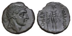 Ancient Coins - THRACE. Apollonia Pontika. 2nd century BC. AE Bronze, 22mm 7g Laureate head of Apollo , Apollo standing front, head to left, holding laurel tree with his right hand and bow
