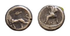 Ancient Coins - PERSIA, Alexandrine Empire. temp. Stamenes – Seleukos. Satraps of Babylon, circa 328-311 BC. AR obol (7mm, 0.8g, ). Baal seated left, holding scepter / Lion walking