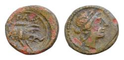 Ancient Coins - LUCANIA, Paestum (Poseidonia). Second Punic War. 218-201 BC. Æ Sextans 14mm, 3.2g. Female head right / Forepart of boar