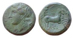 Ancient Coins - Sicily, Hiketas (287-278), Bronze, Syracuse, c. 287-278 BC; AE19mm 8gr.; SYPAKOZIN, head of Kore l., wearing wreath of grains, Rv. Charioteer driving fast biga r