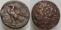 Ancient Coins - Apulia, Quincunx, Venusia, c. 210-200 BC; AE 28mm 17,1g.  Laureate head of Zeus l.; at r., five pellets, Eagle standing l. with open wings on thunderbolt; at l., monogr. VE