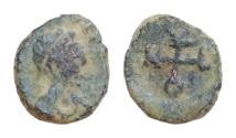 Ancient Coins - Justin I Æ 9mm. 0,8g Antioch, AD 518-527. D N IVSTINVS P AVG, pearl-diademed, draped and cuirassed bust to right / Monogram Justin