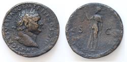 Ancient Coins - Titus. As Caesar, AD 69-79. Æ Sestertius (34mm, 18,6 g). Rome mint ??. Struck AD 76. Laureate head right / Spes advancing left, holding flower and lifting hem of skirt.