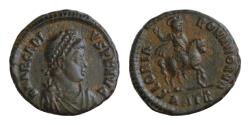 Ancient Coins - Arcadius. (383-408 AD). Æ 15mm 2,5g Follis. Antioch . Obv: ARCADIVS PF AVG. pearl-diademed bust of Arcadius right. Rev: GLORIA ROMANORVM. Arcadius on horseback riding right.