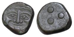 Ancient Coins - SICILY, Himera. Circa 425-409 BC. Æ Tetras or Trionkion (19mm, 10.54 g). Gorgoneion / Three pellets (mark of value).