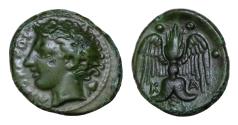 Ancient Coins - SICILY, Katane. Circa 415/3-403/2 BC. Æ Tetras or Trionkion (14.5mm, 1,82g, ). Horned head of Amenanos left / Winged thunderbolt; three pellets (mark of value) around.