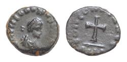 Ancient Coins - Theodosius II Æ8,5mm 1g. Alexandria, AD 404-406. D N THEODOSIVS P F AVG, pearl-diademed, draped and cuirassed bust right / CONCORDIA NVGGG (sic.), cross, ALEA (mintmark) in exergue