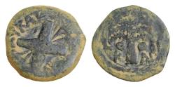 Ancient Coins - JUDAEA Procurators Antonius Felix (AD 52-59), struck under Claudius in the name of Nero Claudius Caesar and Britannicus Caesar Jerusalem dated year 14 = AD 54 AE Prutah 16mm 2,9g