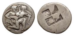 Ancient Coins - Thrace, Thasos; 510-490 BC,  AR 20mm Stater, 9,01g.  Nude ithyphallic satyr forcibly carrying off a nymph.  Quadripartite incuse square