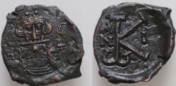 Ancient Coins - Constans II. 641-668. AE Half Follis (22mm, 4,7g). Syracuse mint. Dated IY 10 (AD 651/2). Crowned and draped facing bust, holding globus cruciger; palm to right / Large Kω monogram