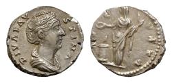 Ancient Coins - Diva Faustina AD 140-141. Rome Denar AR 17mm., 3,6g. DIVA FAUSTIAN draped bust right / AVGVSTA Vesta, veiled, draped, standing left, with patera in right hand sacrificing over ligh