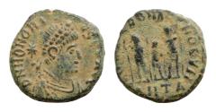 Ancient Coins - Honorius (393-423) AE 14,5mm, 2.1g  Cyzicus, 406-408. three emperors (Arcadius, Honorius & Theodosius II) standing,
