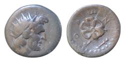 Ancient Coins - ISLANDS off CARIA, Rhodos. Rhodes. Early 1st century AD. Æ (17,5mm, 4g). Radiate head of Helios right / Rose seen from above . Good very Fine