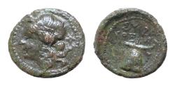 Ancient Coins - Sicily, Syracuse. Under Roman rule. 212-250 B.C. Æ 14 mm, 2g,. Laureate head of Apollo right /  flamen’s cap