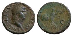 Ancient Coins - Nero. A.D. 54-68. Æ as (27 mm, 11,2g,). Lugdunum, ca. A.D. 66. IMP NERO CAESAR A[VG P] MAX TR P P P, bare head of Nero right, globe at point of bust / S C across field, Victory