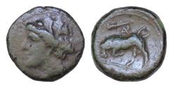 Ancient Coins - SICILY, Syracuse. Hieron II. 275-215 BC. Æ (16.5mm, 4.46 g,). Struck circa 263-215 BC. Wreathed head of Kore left / Bull butting left; club and A above,