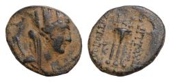 Ancient Coins - SELEUKID KINGDOM of SYRIA..Seleucis and Pieria.(1st century BC).Antioch.AE18mm 4,32g Turreted and veiled head of Tyche right Tripod, monogram to left