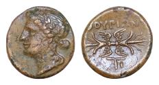 Ancient Coins - LUCANIA, Thourioi. Circa 280-213 BC. Æ (15mm, 3 g, ). Laureate head of Apollo left / Winged thunderbolt; monogram below. HN Italy 1927; SNG ANS – Good VF.