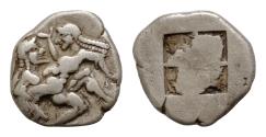 Ancient Coins - ISLANDS off THRACE, Thasos. Circa 500-480 BC. AR Third Stater – Drachm (16mm, 3.7 g). Ithyphallic satyr advancing right, carrying off protesting nymph / Quadripartite incuse square