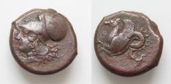 Ancient Coins - SICILY. Syracuse. Dionysios I (405-367 BC). Ae Litra. Obv: ΣYPΑ. Helmeted and laureate head of Athena left. Rev: Bridled hippocamp left.