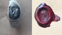 Ancient Coins - Ancient Roman silver ring whit intaglio glass gem - Buste of Apollo , 2-3 century A.D. Lgem=12x7mm