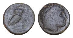 Ancient Coins - Thrace, Agathopolis Æ 17mm. 4,56g Circa 250 BC. Laureate head of Apollo to right / Owl standing to right, head facing; AΓΑΘO to right, spearhead below.