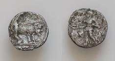 Ancient Coins - SICILY, Entella. Elymian issues. c. 440-430 BC. AR Litra 11mm,0.7g Female figure standing left, sacrificing from phiale over altar and holding filleted temple key / Man-headed bull