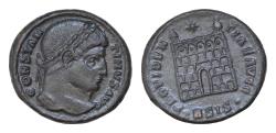 Ancient Coins - Constantine I (307/310-337). Æ Silvered  Follis (18mm, 3.77g, ). Siscia, 328-329. Laureate head r. R/ Camp gate with two turrets, star above; BSIS-double crescent.