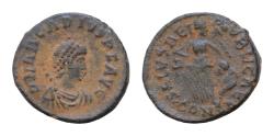 Ancient Coins - Arcadius. (392-395 AD). Æ 13mm 1,5g  Follis. Constantinople. Obv: DN ARCADIVS PF AVG. pearl-diademed bust of Arcadius right. SALVS REIPVBLICAE. Victory advancing left.