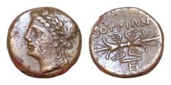 Ancient Coins - LUCANIA, Thourioi. Circa 280-213 BC. Æ (14mm, 3,38g, ). Laureate head of Apollo left / Winged thunderbolt; monogram below. HN Italy 1927; SNG ANS – Good VF.